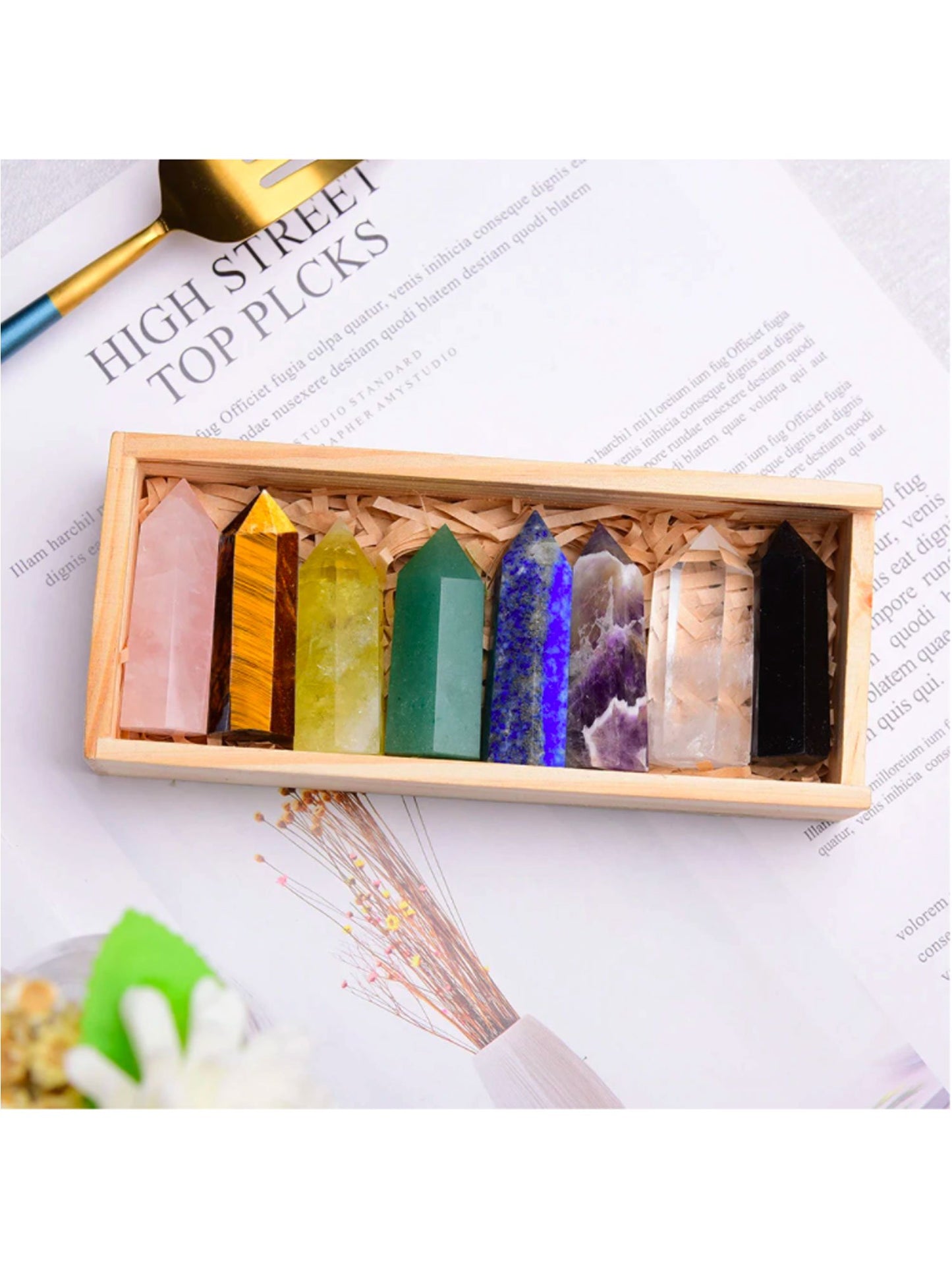 Crystolver 8 pcs baguette de cristal de guérison avec boîte en bois