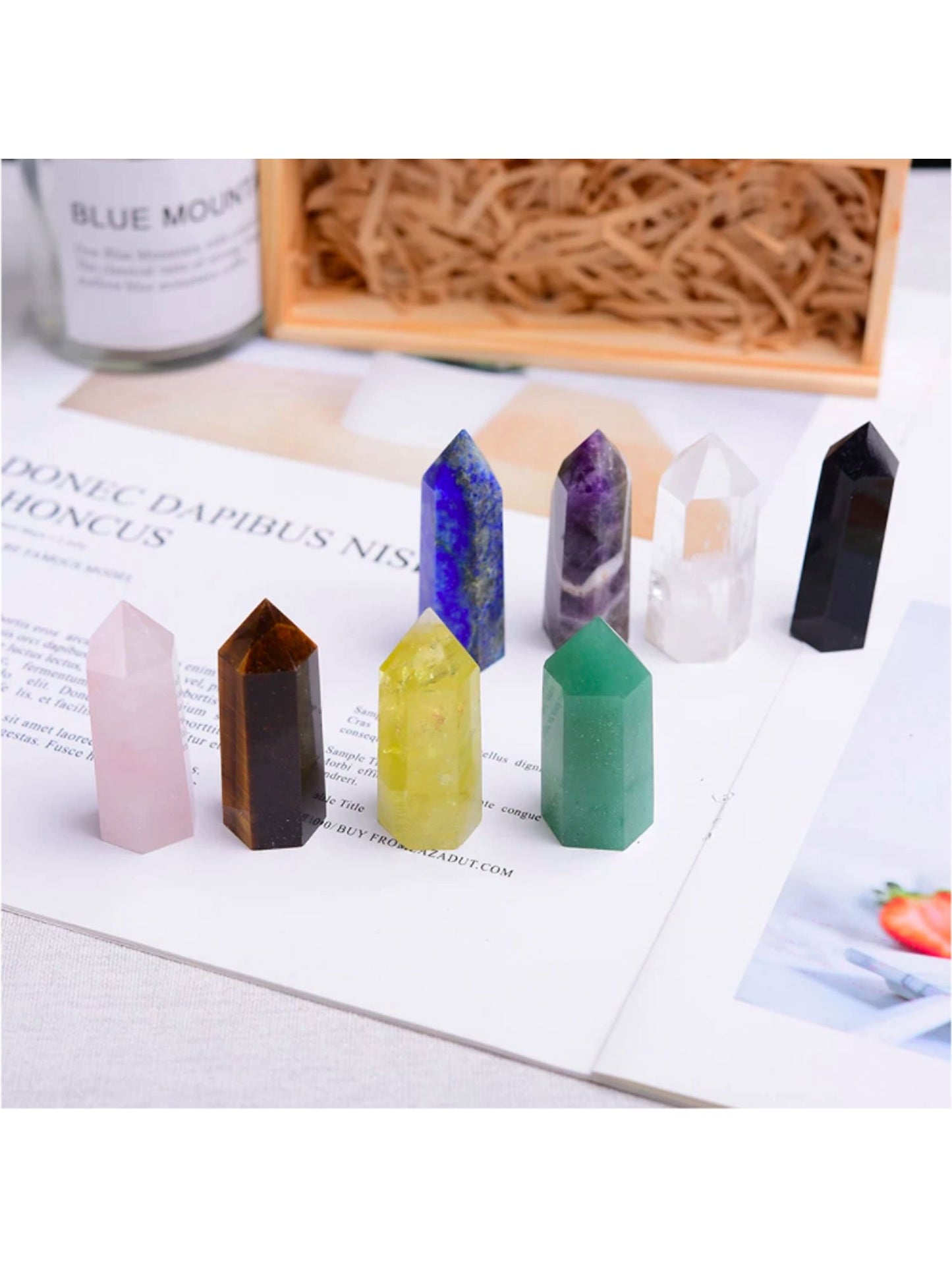 Crystolver 8 pcs baguette de cristal de guérison avec boîte en bois