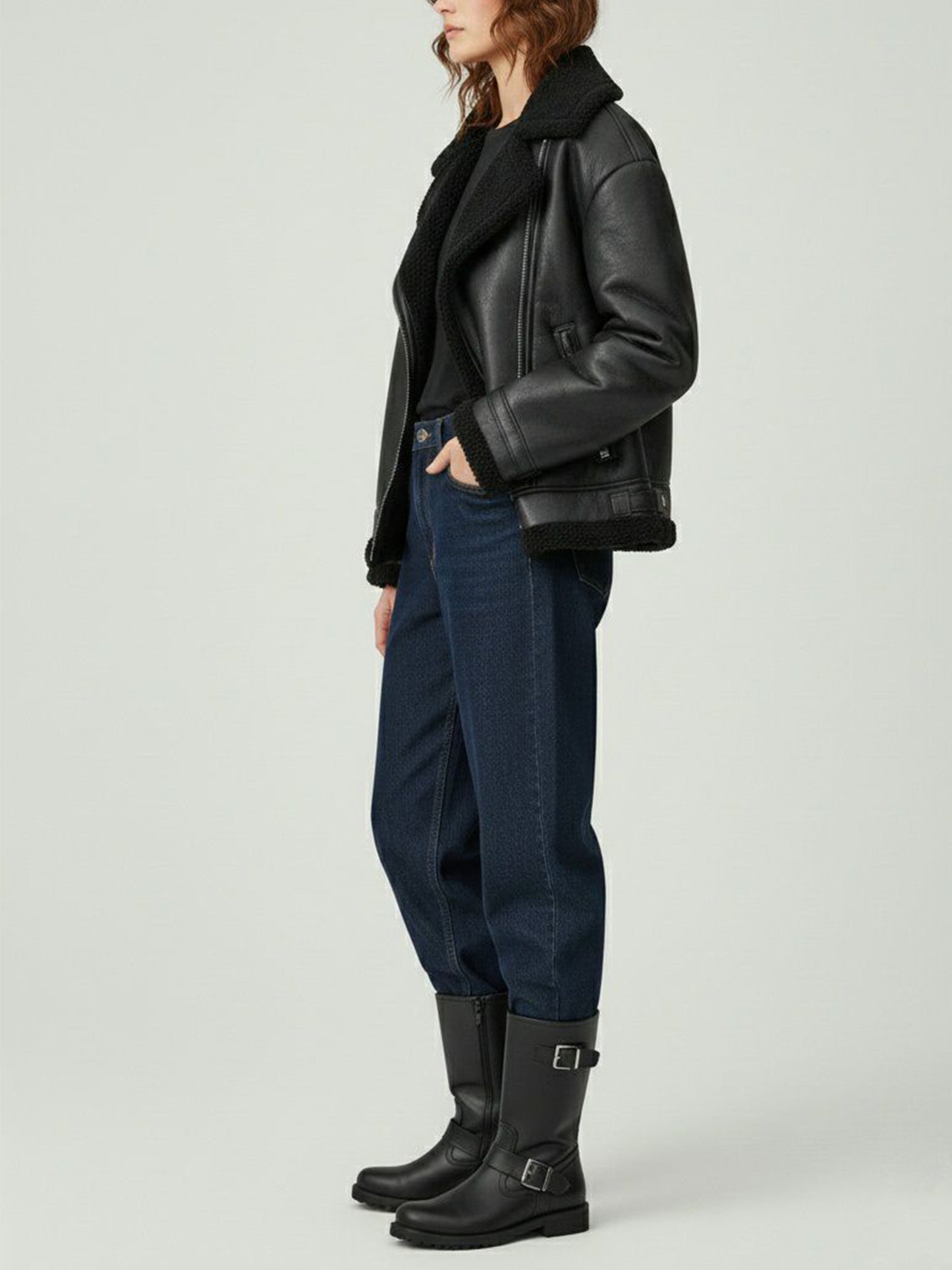 Oversized gerecycled veganistisch schapenvacht pilotenjack