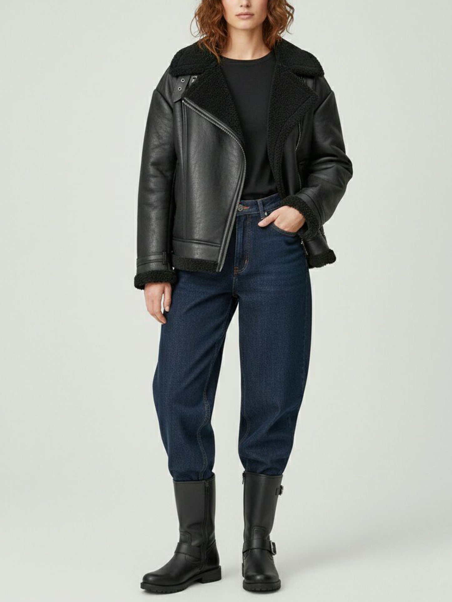 Oversized gerecycled veganistisch schapenvacht pilotenjack