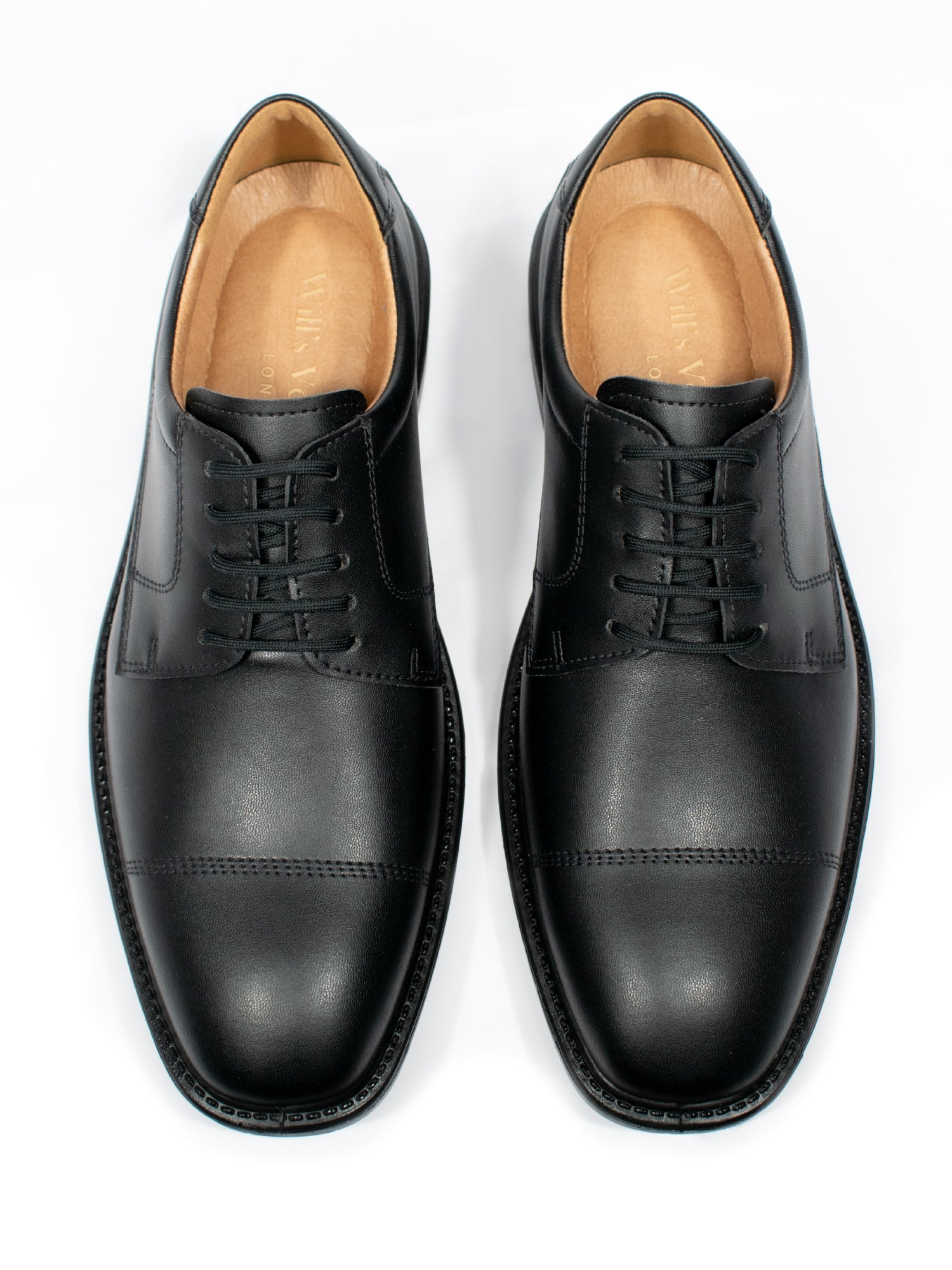 Top view of black vegan waterproof Derbys with OnSteam linings and double-stitch toe detail