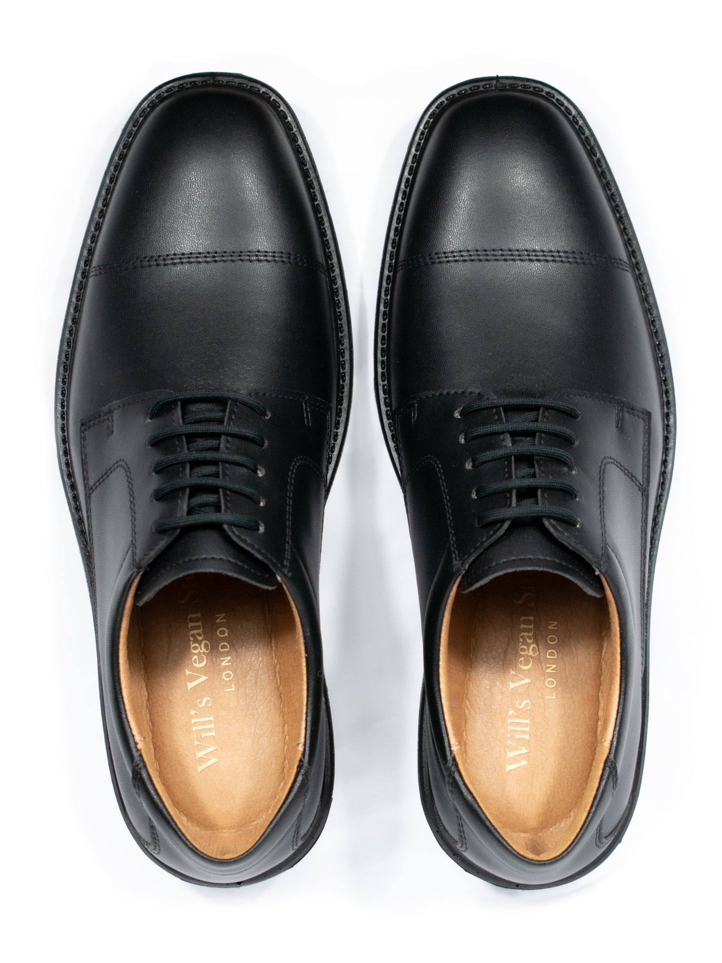 Close top view of black vegan waterproof Derby shoes made in Portugal with recycled polyester laces