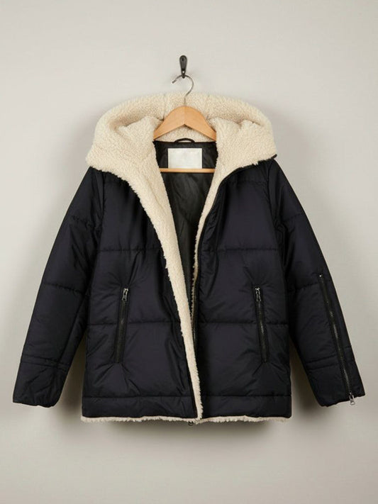 Recycled Vegan Shearling Puffer in Black & Cream