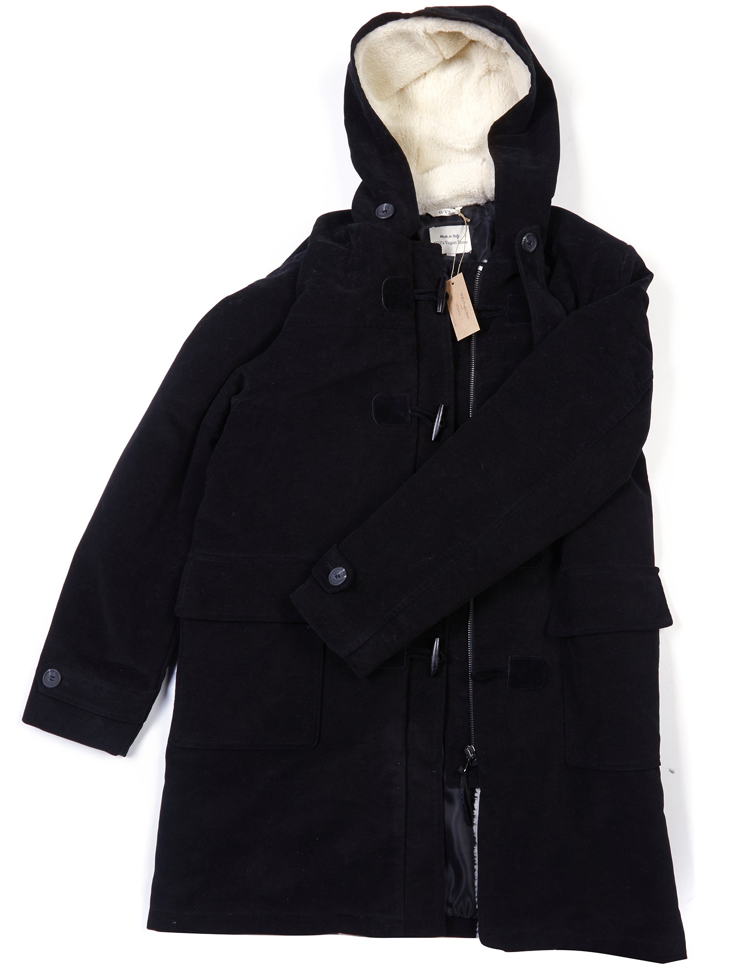Duffle-coat en laine végétalienne avec peau lainée végétalienne recyclée